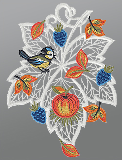 Fensterbild aus Plauener Spitze - Herbstblatt mit Blaumeise #1W mehrfarbig